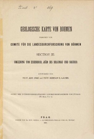 Geologische Karte von Böhmen, publicirt vom Comité für die Landesdurchforschung von Böhmen : Section III. Umgebung von Eisenbrod, Jičin bis Braunau und Nachod