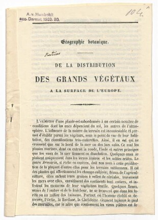 De la Distribution des Grands Végétaux a la Surface de l'Europe.