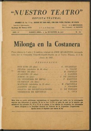 1937006300: Milonga en la Costanera : pieza cómica en un acto y 2 cuadros