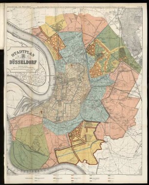 Tafel II "Plan von Düsseldorf mit Einzeichnung der durch die Baupolizeiverordnung vom 8. Mai 1907 festgesetzten Geltungsgebiete der verschiedenen Bauzonen und Bauklassen"