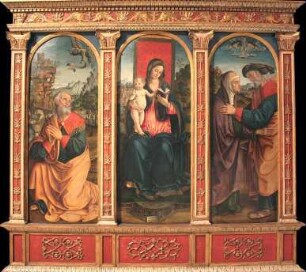 Madonna mit Kind, Verheißung an Joachim, Begegnung Joachims und Annas an der Goldenen Pforte