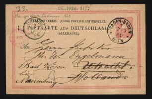 Postkarte an Wilhelm Engelmann : 02.09.1881