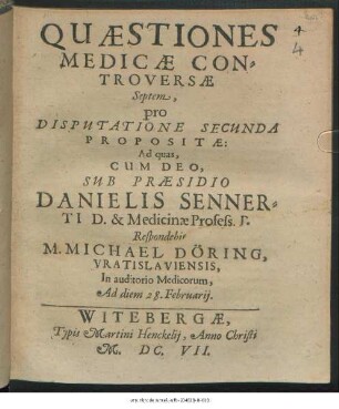 Quaestiones Medicae Controversae Septem, pro Disputatione Secunda Propositae