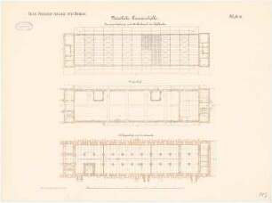 Neue Packhofanlage, Berlin-Moabit: Nördliche Revisionshalle: Grundriss Kellergeschoss und Fundamente, EG, 1. OG mit Binderverteilung 1:200