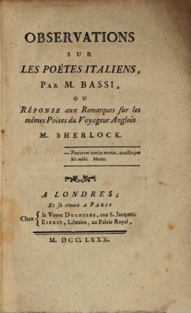Observations sur les Poetes Italiens
