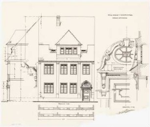 Fassaden der nach dem Brand am 17. Juni 1915 wiederaufgebauten Häuser, Duderstadt: Aufriss: Ansicht von der Straße 1:50; Fassadenschnitte horizontal und vertikal 1:50; Details 1:10: Haustür