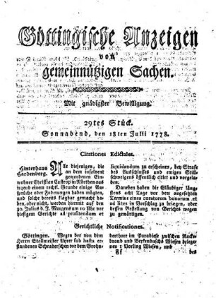 29tes Stück. Sonnabend, den 18ten Julii 1778.