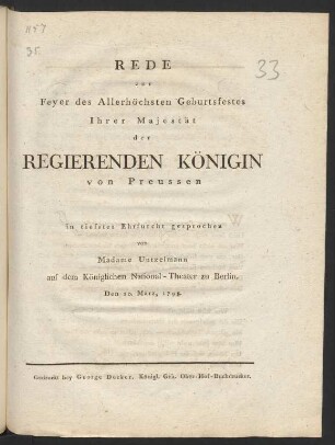 Rede zur Feyer des Allerhöchsten Geburtsfestes Ihrer Majestät der Regierenden Königin von Preussen