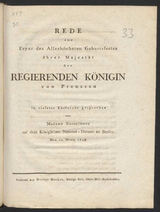 Rede zur Feyer des Allerhöchsten Geburtsfestes Ihrer Majestät der Regierenden Königin von Preussen