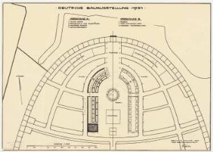 Freigelände der Deutschen Bauausstellung 1931, Berlin-Charlottenburg: Synopse zweier Gestaltungsvarianten (Grundriss) für den Freiraum des Ausstellungsgeländes 1:500, Maßstabsleiste, Legenden
