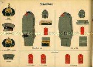 Uniformdarstellung, Schema der Helme, Waffenröcke, Hosen und Achselstücke von Gemeinen der Bayerischen Feldartillerie, Deutsches Kaiserreich, 1916.