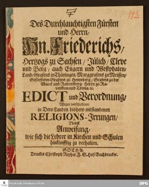 Edikt [...] wegen verschiedener [...] Religions-Irrungen [...].