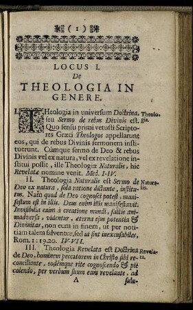 Locus I. De Theologia In Genere - Locus III. De Existentia Et Divinitate Dei