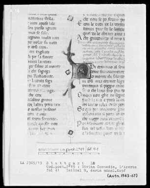 Dante, Divina Commedia und Cecco d'Ascoli, L'Acerba — Initiale N mit Männerkopf, Folio 41recto