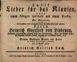 Zwölf Lieder für das Klavier, nebst einem Allegro spiritoso und einem Presto