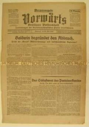 Zentralorgan der SPD "Vorwärts" zum Abbruch der diplomatischen Beziehungen zwischen Großbritannien und der UdSSR wegen einer Spionage-Affäre und zum SPD-Parteitag in Kiel