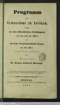 1844/45: Programm des Gymnasiums zu Zwickau : womit zu der öffentlichen Prüfung ... ergebenst einladet