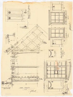 Einfamilienwohnhaus, Berlin-Nikolassee: Details 1:10: Aufriss verschiedener Fenster mit Laden, Aufriss Balkon, Schnitt durch die Balkonabdeckung