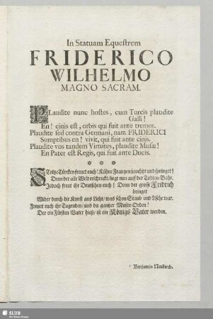 In Statuam Equestrem Friderico Wilhelmo Magno Sacram