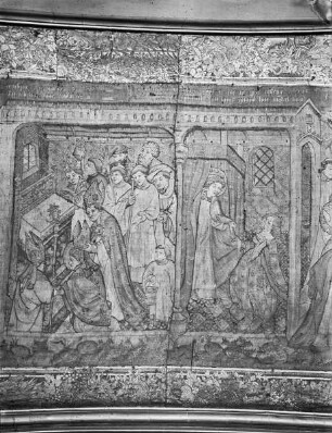 Atrechtscher Wandteppich, Detail Tafel 10 (Bischofsweihe des Eleutherius) und Tafel 11 (Blanda erklärt dem Heiligen ihre Liebe)