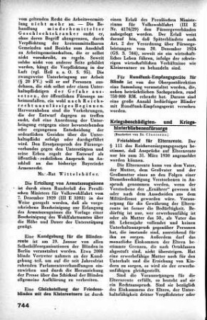 Gleichstellung der Friedensblinden mit den Kleinrentnern [Fürsorgewesen]