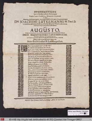 Propempticon Quod ad discessum ex Ducatu Mecklenburgico Praeclarè meriti Professoris, Mecoenatis devenerandi Viri ... Dn. Joachimi Lutkemanni, SS. Theol. D. in Academia Rostochiensi hactenus Phys. & Metaphys. Prof. P. celeberrimi, & ibidem ad templum D. Jacobi, Archi-Diaconi: Cum ab. Augusto ... Duce Brunsvicensi & Lunaeburgensi, Domino Nostro Clementissimo, ad episcopēn generaliss. districtus Wulffenbüttelensis Anno 1649, vocaretur Magno observantiae & honoris cultu cecinit Natio Brunsvicensium & Lunaeburgensium