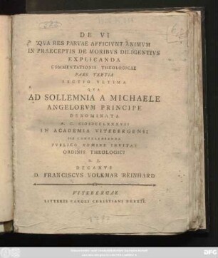 De Vi Qva Res Parvae Afficivnt Animvm In Praeceptis De Moribvs Diligentivs Explicanda : Commentationis Theologicae Pars Tertia Sectio Vltima