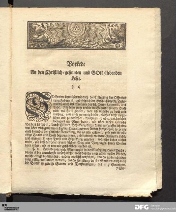 Vorrede An den Christlich-gesinnten und GOtt-liebenden Leser.