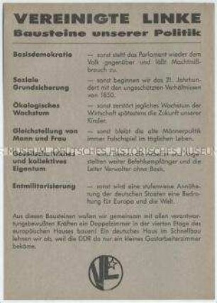 Programmatisches Flugblatt der Vereinigten Linken (VL) zur Volkskammerwahl 1990