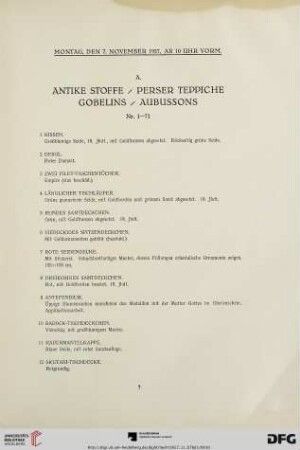 A. Antike Stoffe, Perser Teppiche, Gobelins, Aubussons (Nr. 1-71)