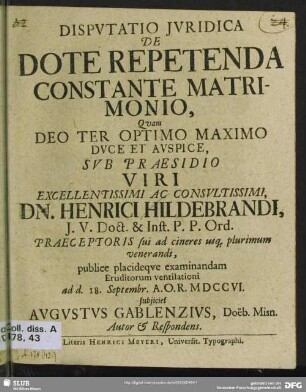 Disputatio Iuridica De Dote Repetenda Constante Matrimonio