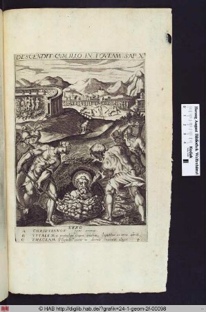 Märtyrium des Hl.Vitalis im Vordergrund, hinten links die Verbrennung von Christen, hinten rechts ein Märtyrium der Hl.Thekla.