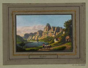 Ansicht von Rathen, Radierung, um 1840 : Rathen, [ca. 1840]. - 1 Kunstblatt : kol. Radierung; 10,4 x 6,7 cm