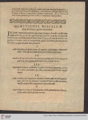 Quaestiones miscellae tàm Politicae quàm feudales