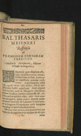 Balthasaris Meisneri Responsio ad Praemissam Censuram Puerilem.