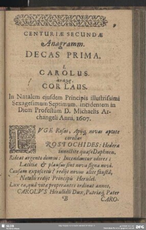 Centuriae Secundae Anagramm. Decas Prima