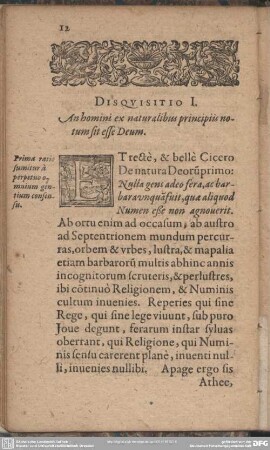 Disquisitio I. An homini ex naturalibus principiis notum sit esse Deum