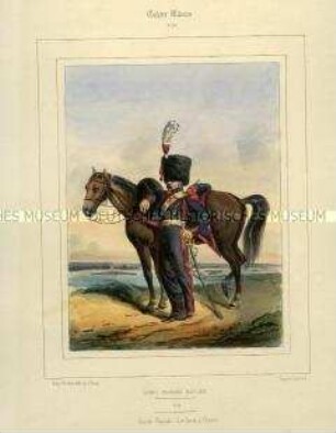 Uniformdarstellung, Gemeiner des Artillerie-Regiments zu Pferde der Königlichen Garde, Königreich Frankreich, 1815/1830. Tafel Nr. 277 aus: Galerie Militaire.