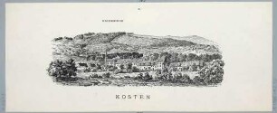 Panoramaansicht von Kosten (heute Košťany in Tschechien) fünf Kilometer nordwestlich von Teplitz (heute Teplice) in Böhmen, entlang der Dux-Bodenbacher Eisenbahnlinie, mit Legende