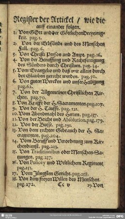 Verzeichnüß der fürnehmsten Sachen in diesem Buch enthalten