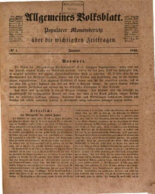 Allgemeines Volksblatt : populärer Monatsbericht über d. wichtigsten Zeitfragen. 1845, Nr. 1 - 9