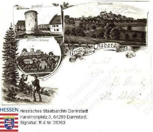 Hering im Odenwald, Grußpostkarte / v.l.n.r. oben: Burghof, Totalansicht / unten: Hering mit Burg Otzberg, darunter 2 Wanderer im Wald