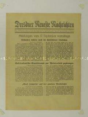 Nachrichtenblatt der "Dresdner Neueste Nachrichten" u.a. zur Lage im Sudetenland