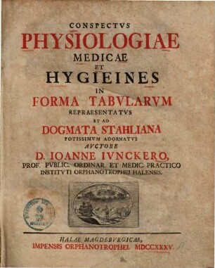 Conspectvs Physiologiae Medicae Et Hygieines : In Forma Tabvlarvm Repraesentatvs Et Ad Dogmata Stahliana Potissimvm Adornatvs