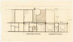 Gesamtbebauungsplan Ankara Ankara Kooperatifi. Haustypen: Konzeptionen Reihenhaus mit Eingangshof, Grundriss Erdgeschoss und Obergeschoss 1:50
