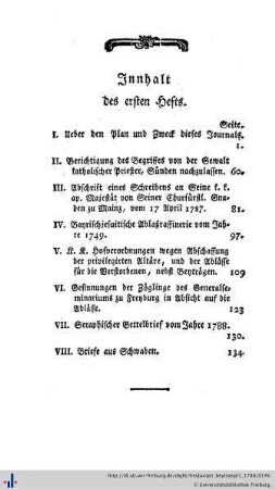 Innhalt des ersten Hefts.