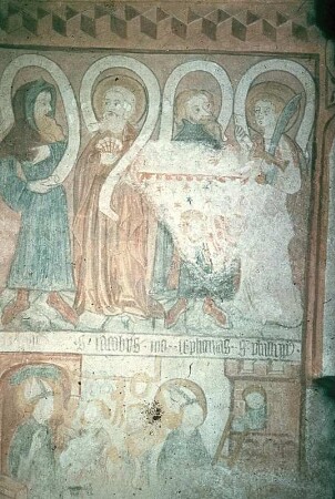 Bildfeld im oberen Bereich: Vier Apostel (ein nichtidentifizierter, Jakobus, Stefanus und Philippus)