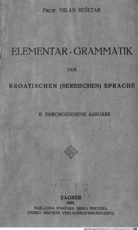 Elementar-Grammatik der kroatischen (serbischen) Sprache