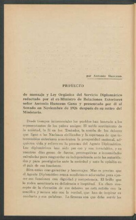 Proyecto de mensaje y Ley Orgánica del Servicio Diplomático