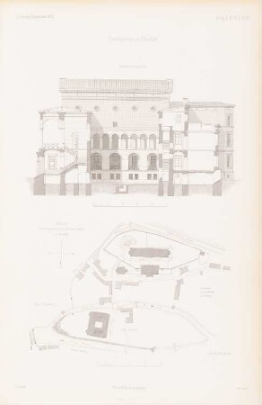 Gerichtshaus, Elberfeld: Lageplan, Schnitt BA (aus: Atlas zur Zeitschrift für Bauwesen, hrsg. v. G. Erbkam, Jg. 2, 1852)